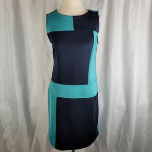 Enfocus Studio Teal Navy Color Block Scuba Stretch Popover Midi Dress Size 8